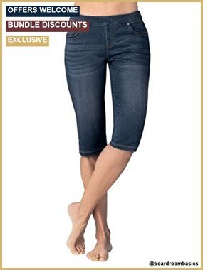 Women's Pull-On Stretch Denim Bermuda Shorts with Pockets, Elastic Waist